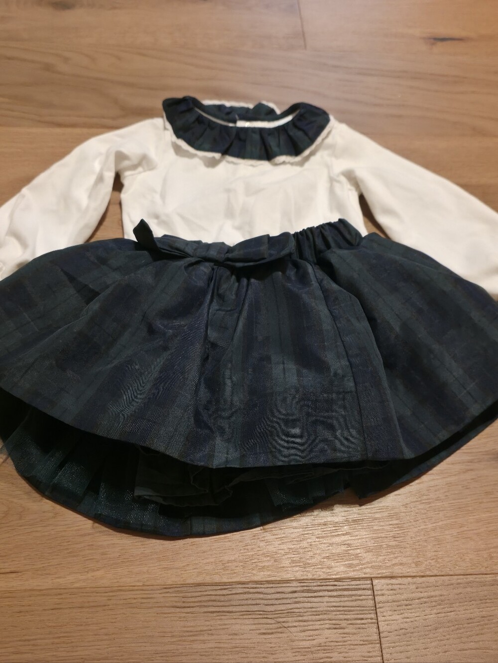 Edgehill Collection Girls Two-Piece White Bodysuit with Dark Green Plaid Skirt